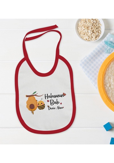 BK Kids Kişiye Özel Halasının Balı Tasarımlı Kırmızı Bebek Mama Önlüğü Kırmızı