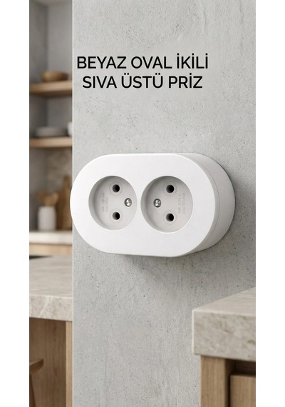 Beyaz Çift Girişli Topraklı Sıva Üstü Elektrik Prizi, Modern Tasarım