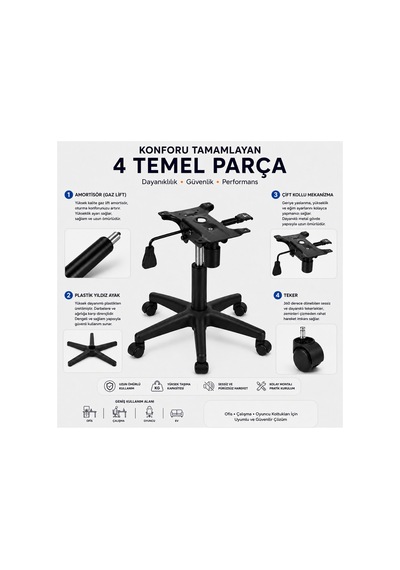 Ofis Koltuğu Tamir Seti Plastik Yıldız Ayak + Çift Kollu Mekanizma + Amortisör + 5 Adet Tekerlek Siyah Ofis Koltuğu Tamir Seti Plastik Yıldız Ayak + Çift Kollu Mekanizma + Amortisör + 5 Adet Tekerlek Siyah