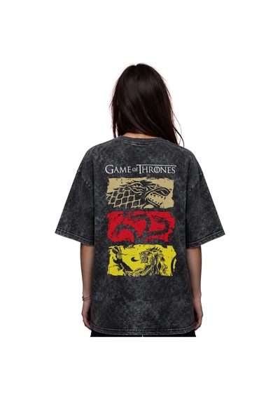 Game Of Thrones Efsane Dizi Baskılı Unisex Oversize Eskitme Yıkam Siyah