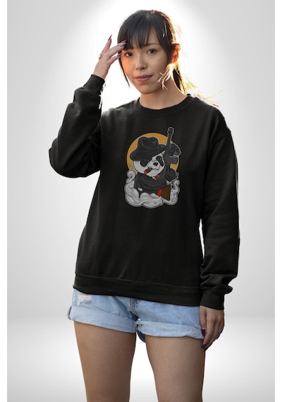 Gangster Panda Unisex Siyah Baskılı Sweatshirt Siyah
