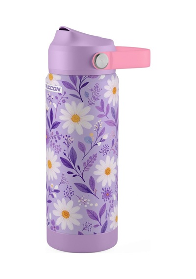Puccon 540 Ml Papatya Desenli Beyaz - Lila Kız Çocuk Pipetli Çelik Termos Matara/suluk - 60057