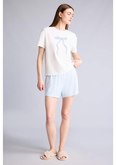 Defacto Regular Fıt Kısa Kollu 2li Softshell Şort Tişört Pijama Takım H7073ax26smbe745 Mavi-be745