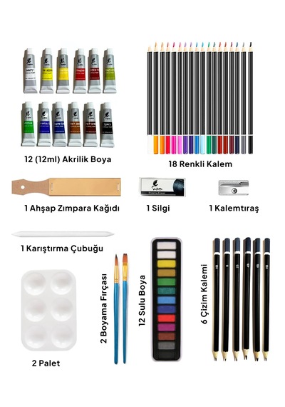 Bergamo 56 Lı Ahşap Taşıma Çantalı Karışık Çizim Boyama Seti
