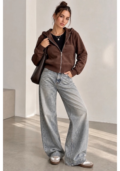 Bb Butik Basic Selanik Dokulu Fermuarlı Kapüşonlu Kadın Sweatshirt My3535 Kahverengi