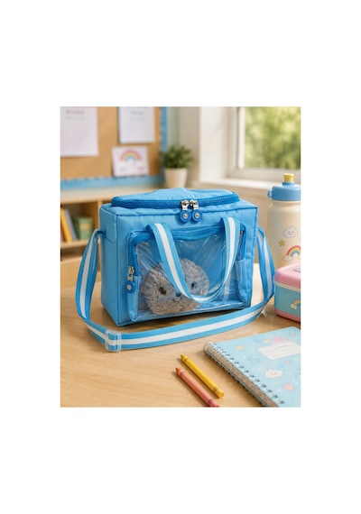 Çocuk Termal Okul Beslenme Çantası Şeffaf Cepli Peluş Aksesuarlı Omuz Askılı Lunch Bag Mavi