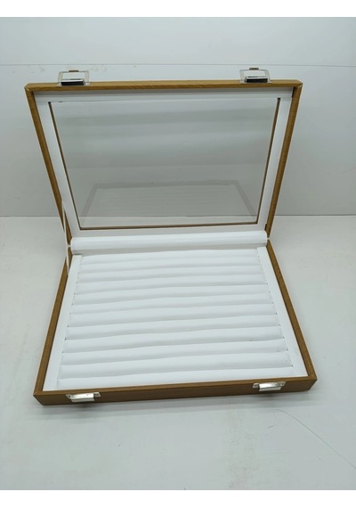 Cam Kapaklı Deri Kumaş Kahve-beyaz Renk 34 Cm / 24 Cm Sosisli Yüzük Sergileme Standı