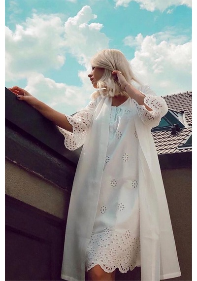 Magic Form 30108 Kadın Ekru Brodeli Lohusa Sabahlık Gecelik Takım