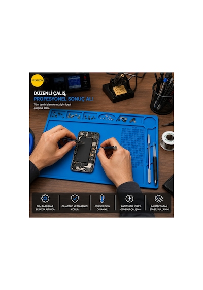 Mavi Silikon Tamir Pedi Isıya Dayanıklı Manyetik Vidalama Bölmeli Elektronik Servis Matı 32 X 23 Cm