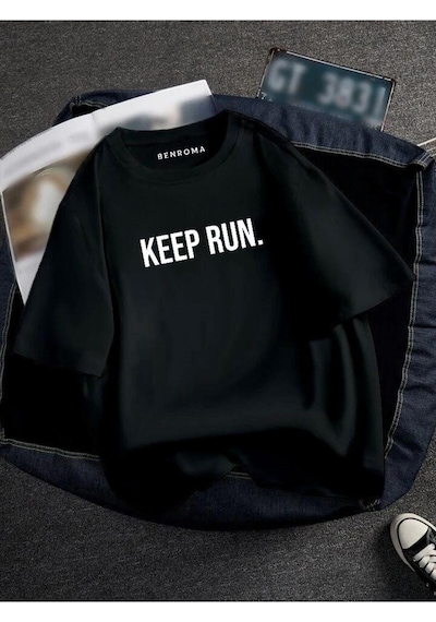 Oversıze Keep Run Baskılı Unısex Tisort Baskılı SIYAH