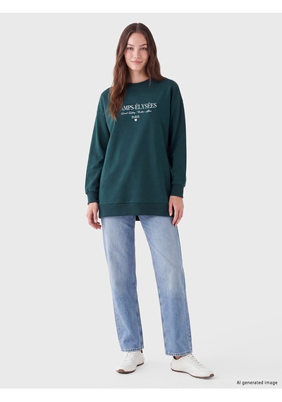 Lcw Modest Yeşil Baskılı Kadın Kalın Sweatshirt Tunik