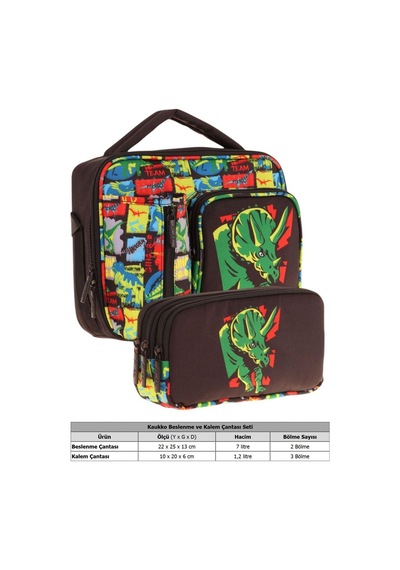 Kaukko Kids Erkek Çocuk Siyah Yeşil Gergedan Üç Bölmeli Thermo Beslenme Çantası Ve Kalemlik Seti L7263+l8263 Siyah - Yeşil