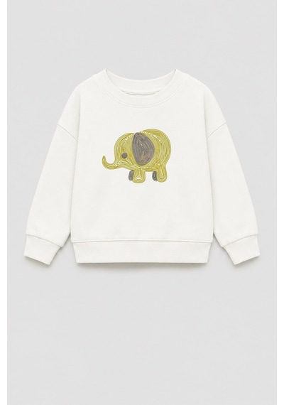 Monila Unisex Çocuk 3 İplik Kumaş Pamuklu Fil Baskılı Sweatshirt Ekru