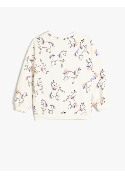 Koton Unicorn Sweatshirt Uzun Kollu Bisiklet Yaka Bej Desenli 5wmg10099ak Ekru