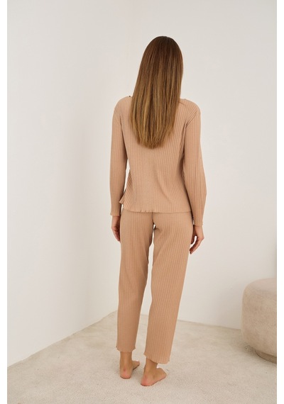 Siyah İnci Fitilli Kaşkorse Uzun Kollu Pijama Takım 7937 Vizon