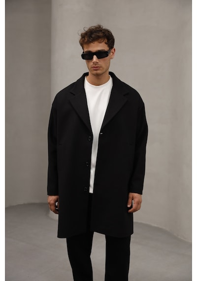 Bürke Siyah Renk Düğme Kapamalı Yarım Oversize Rahat Kesim Uzun Erkek Kaşe Kaban Palto Mont