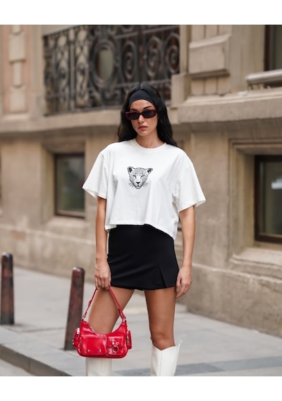 Kadın Bisiklet Yaka Kısa Kollu Oversize Crop Tshirt Ekru