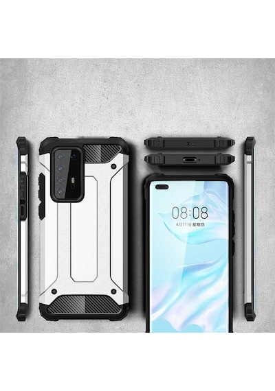 Ekılıf - Huawei P40 Pro Uyumlu - Kılıf Çift Katman Zırh Tank Crash Military Kapak - Kırmızı