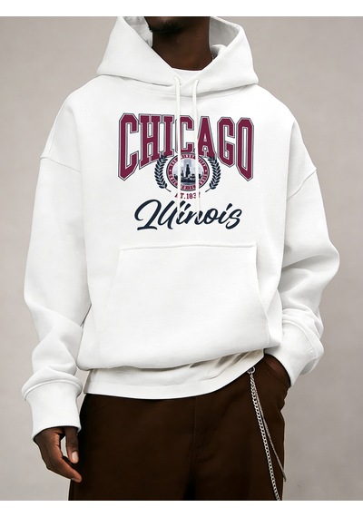 Startmore Startmorechicago Luinois At 1837 Desen Erkekler Kapüşonlular Cep Retro Kazaklar Rahat Hip Hop Uzun Kol Beyaz