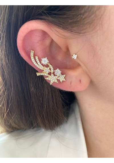 Kayan Yıldız Altın Kaplama Kadın Earcuff Kıkırdak Küpe 001