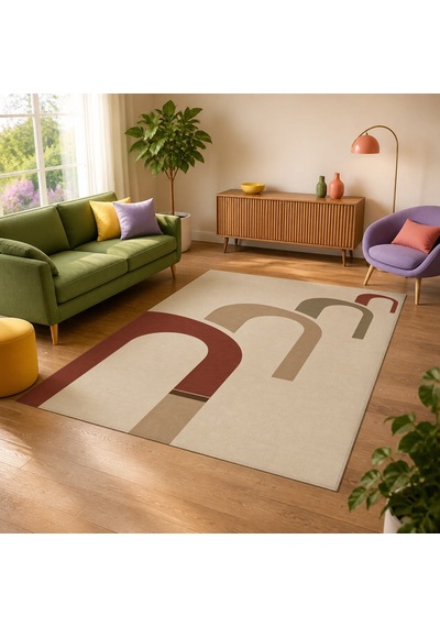 Kartela Halı Yankı Kemer Desenli Modern Halı Bej Kaymaz Taban Makinede Yıkanabilir 120x180 Cm