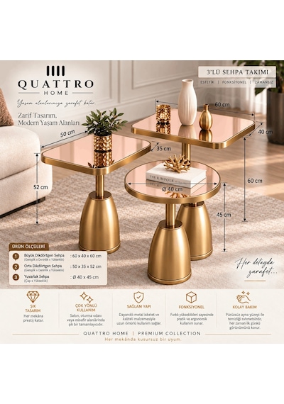 Quattro Home Rose Ayna Gold Metal Ayaklı 3'lü Dekoratif Sehpa Takımı Modern Orta Seti Abanoz Quattro Home Rose Ayna Gold Metal Ayaklı 3'lü Dekoratif Sehpa Takımı Modern Orta Seti Abanoz