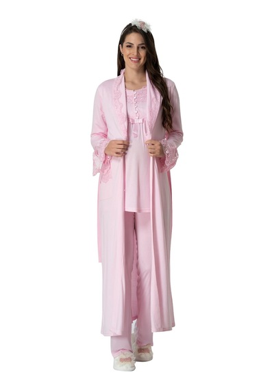 Mecit Pijama Mecit 5416 Pembe Uzun Sabahlıklı Lohusa Pjama Takımı
