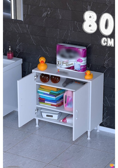 Söke 80 Cm Çok Amaçlı Kapaklı 2 Raflı 3 Bölmeli Şifonyer Dolap Beyaz