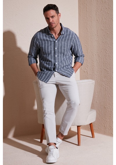 Buratti Pamuklu Çizgili Regular Fit Düğmeli Yaka Erkek Gömlek Cf21S112480 Siyah-Beyaz