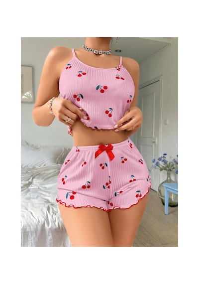 Mr Owl Kadın Pembe Kiraz Desenli Askılı Şortlu Pijama Takımı