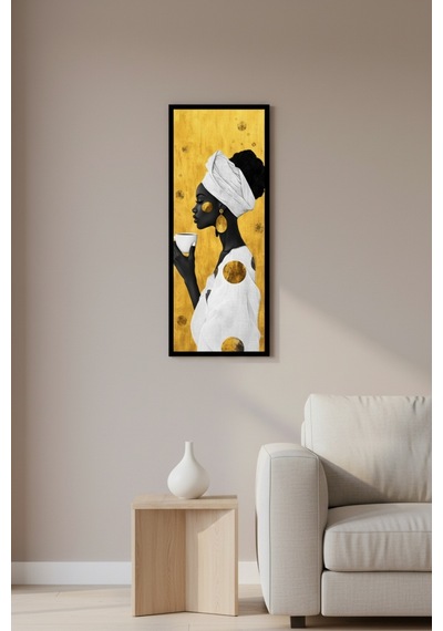Afrikalı Kadın Kahve Temalı Dekoratif Duvar Tablosu 25x60 Cm Siyah Çerçeveli Modern Dikey Tablo