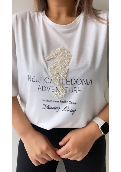 Inci Işlemeli Adven Ture Tişört /ekru Beyaz