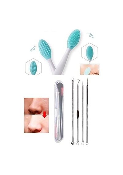 4 Parça Kutulu Paslanmaz Çelik Komedon + Siyah Nokta Temizleyici Dudak Peeling Fırçası 2'li Set