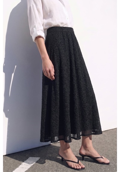 Sateen Dokulu Kloş Etek - Siyah-137412
