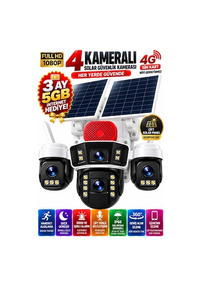4 Kameralı 4g Sım Kartlı Solar Güvenlik Kamerası Çift Güneş Panelli Ptz Gece Görüş Sirenli Ip66 Okam Pro Uygulama