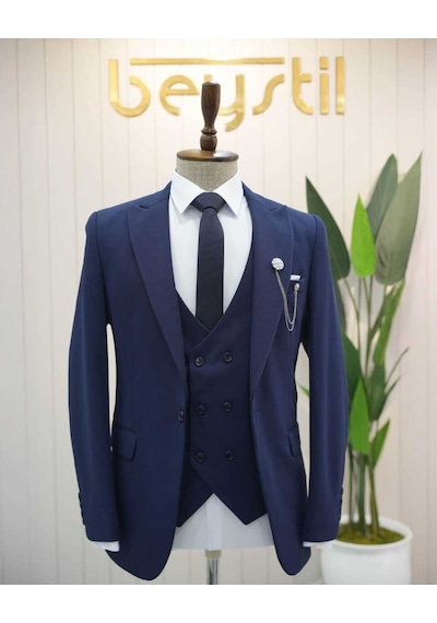 Beystil Sivri Yaka Lacivert Takım Elbise Petek04 - Slim Fit Lacivert