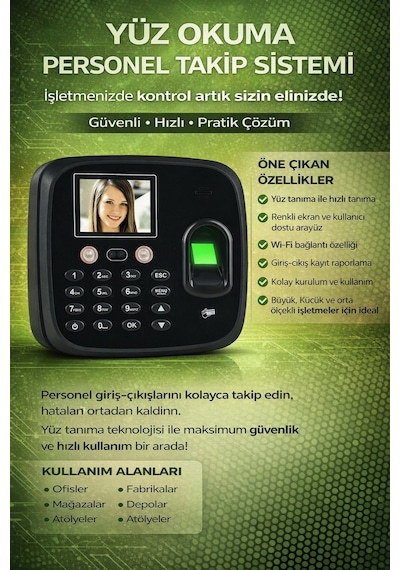 Kablosuz Wifi Kartlı -Yüz Okuma- Personel Giriş Çıkış Takip Ürünü -Maaş Puantaj Programı(10 Kart Dahil)
