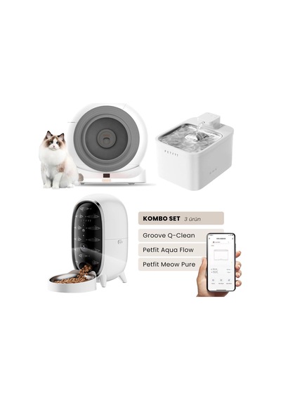 Groove Q-clean Akıllı Otomatik Kedi Tuvaleti Gri - Petfit Aqua Flow Akıllı Bataryalı Su Pınarı Çeşmesi + Petfit Meow Pure Akıllı Otomatik Mama Kabı Bundle