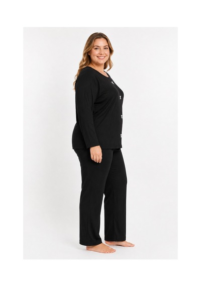 Sleeproom Büyük Beden Kadın Kaşkorse Mevsimlik Siyah Pijama Takımı