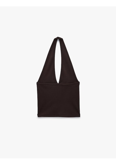 Koton Pamuklu Dikiş Detaylı Kolsuz Slim Fit Crop Halter Yaka Bluz Kahverengi 6sal30272ık Kahve