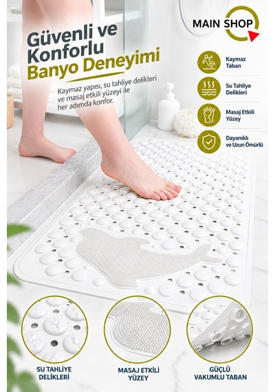 Balık Desenli Vantuzlu Banyo Ve Duşakabin Kaydırmaz Paspas, Küvet İçi Masaj Matı 35x68 Cm M-10 Beyaz