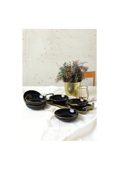 Keramika Siyah Gold Halka Çerezlik / Sosluk 13 Cm 6 Adet Siyah