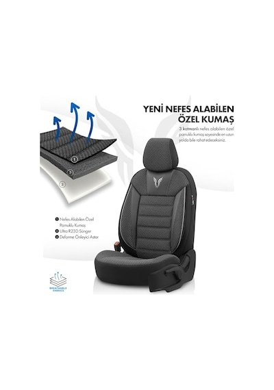 Ayrex Toro Design Ortopedik Ekstra Destekli Oto Koltuk Kılıfı Özel Pamuklu Kumaş Tam Set - Siyah-gri Diğer