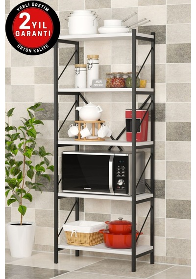 5 Raflı Metal Mutfak Düzenleyici Raf Metal 5 Raflı Kitaplık Mutfak Rafı Baharatlık Beyaz 150 Cm Beyaz