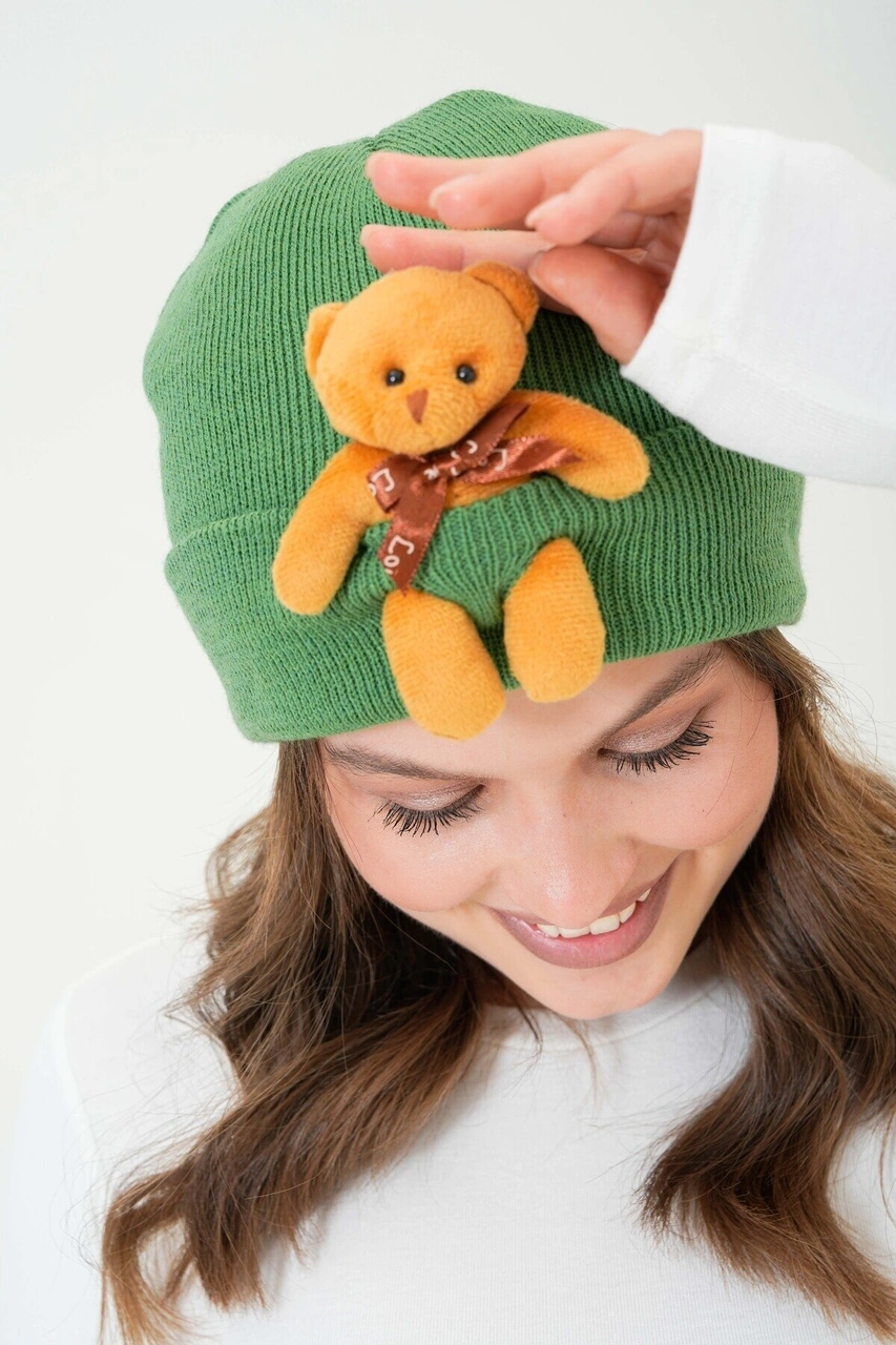 Mamayaga Unisex Ayılı Spor Şık Tasarım Hediyelik Bebe Mavisi Bere Yeşil