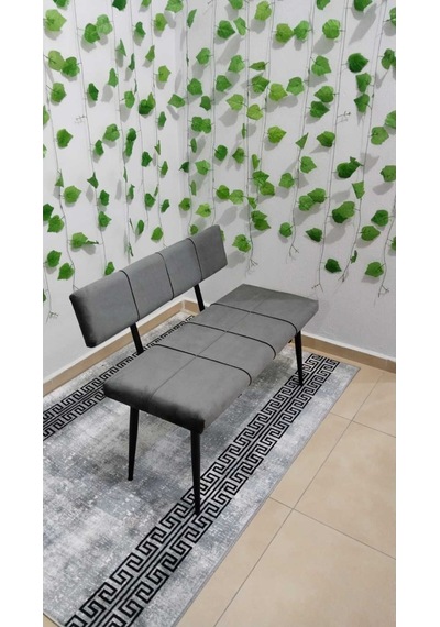 Özcan Metal Siyah Metal Ayaklı Sırtlı Mutfak Salon Antre Yatak Odası Puf Bank Oturak gri