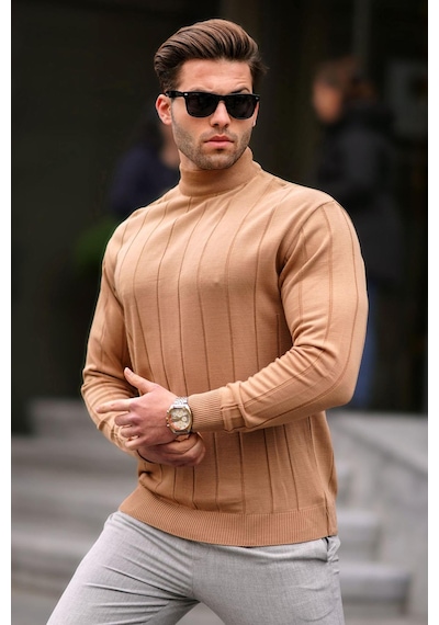 Madmext Bej Slim Fit Yarım Balıkçı Yaka Çizgili Tüylenmeyen Erkek Triko Kazak 6344 Bej