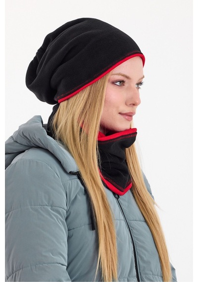 Butikgiz Kadın Dış Kısım Polar, İç Kısım Kaşkorse Pamuklu, Çift Renk, Çift Kat, Katlanabilir Bere Boyunluk Set Siyah-kırmızı