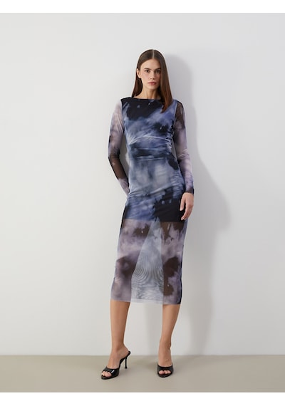 Lcw Vision Lacivert Bisiklet Yaka Batik Desenli Kadın Bodycon Elbise