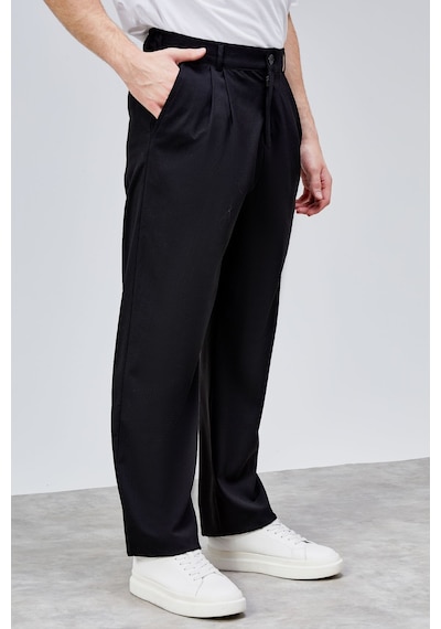 HLT Jeans Erkek Siyah Çift Pileli Rahat Kesim Beli Lastikli Bol Paça Baggy Pantolon Albert-1988 Siyah
